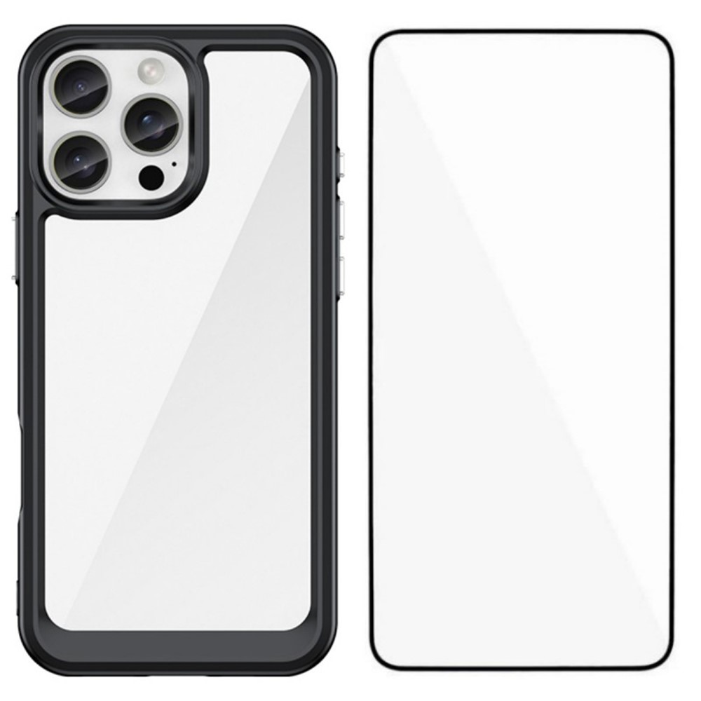 For iPhone 16 Pro Phone Case WANLONFENG XC Series TPU Acrylic Cover with Tempered Glass (Big Lens Hole) - Black