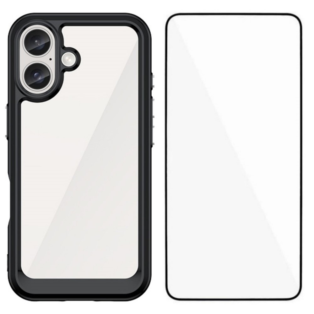 For iPhone 16 Phone Case WANLONFENG XC Series TPU Acrylic Cover with Tempered Glass (Big Lens Hole) - Black