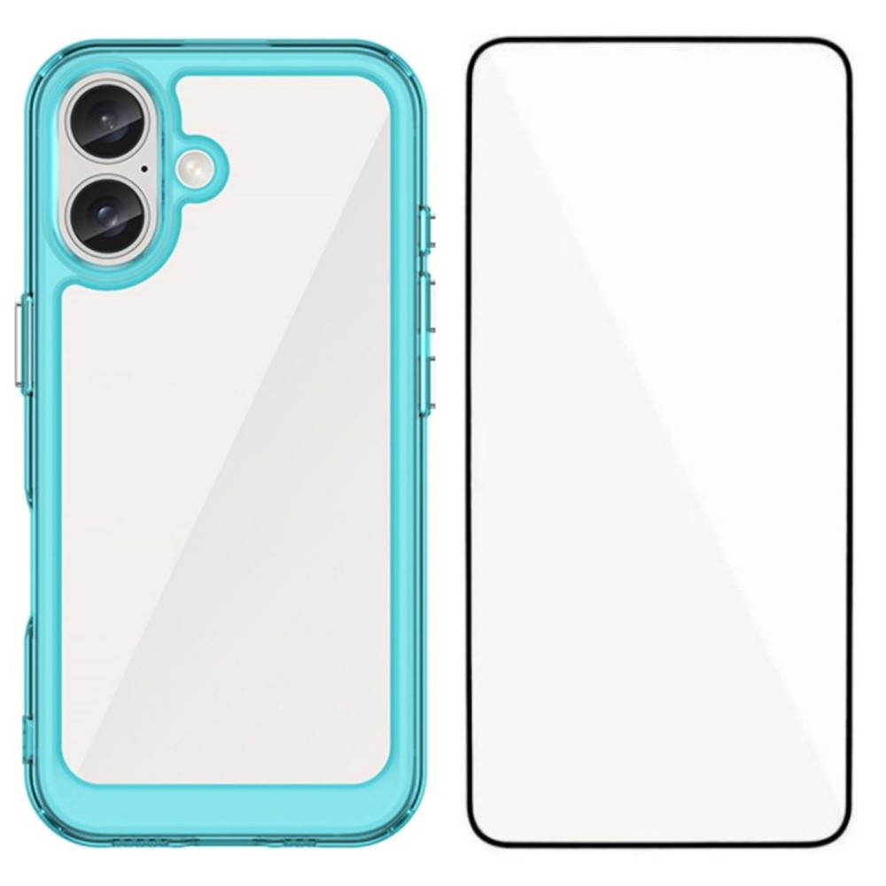 For iPhone 16 Phone Case WANLONFENG XC Series TPU Acrylic Cover with Tempered Glass (Big Lens Hole) - Transparent Blue