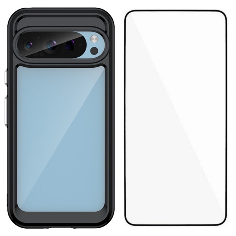 For Google Pixel 9 Phone Case WANLONFENG XC Series TPU Acrylic Cover with Tempered Glass (Big Lens Hole) - Black