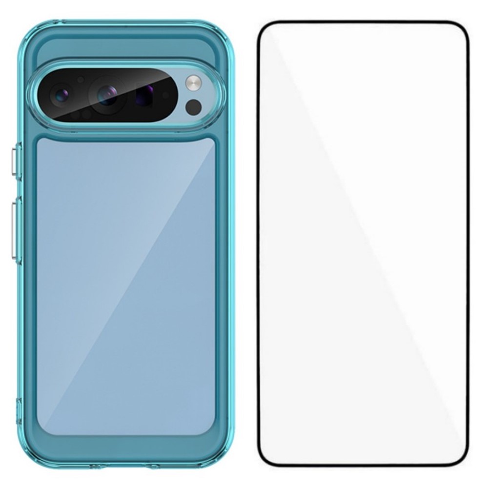 For Google Pixel 9 Phone Case WANLONFENG XC Series TPU Acrylic Cover with Tempered Glass (Big Lens Hole) - Transparent Blue