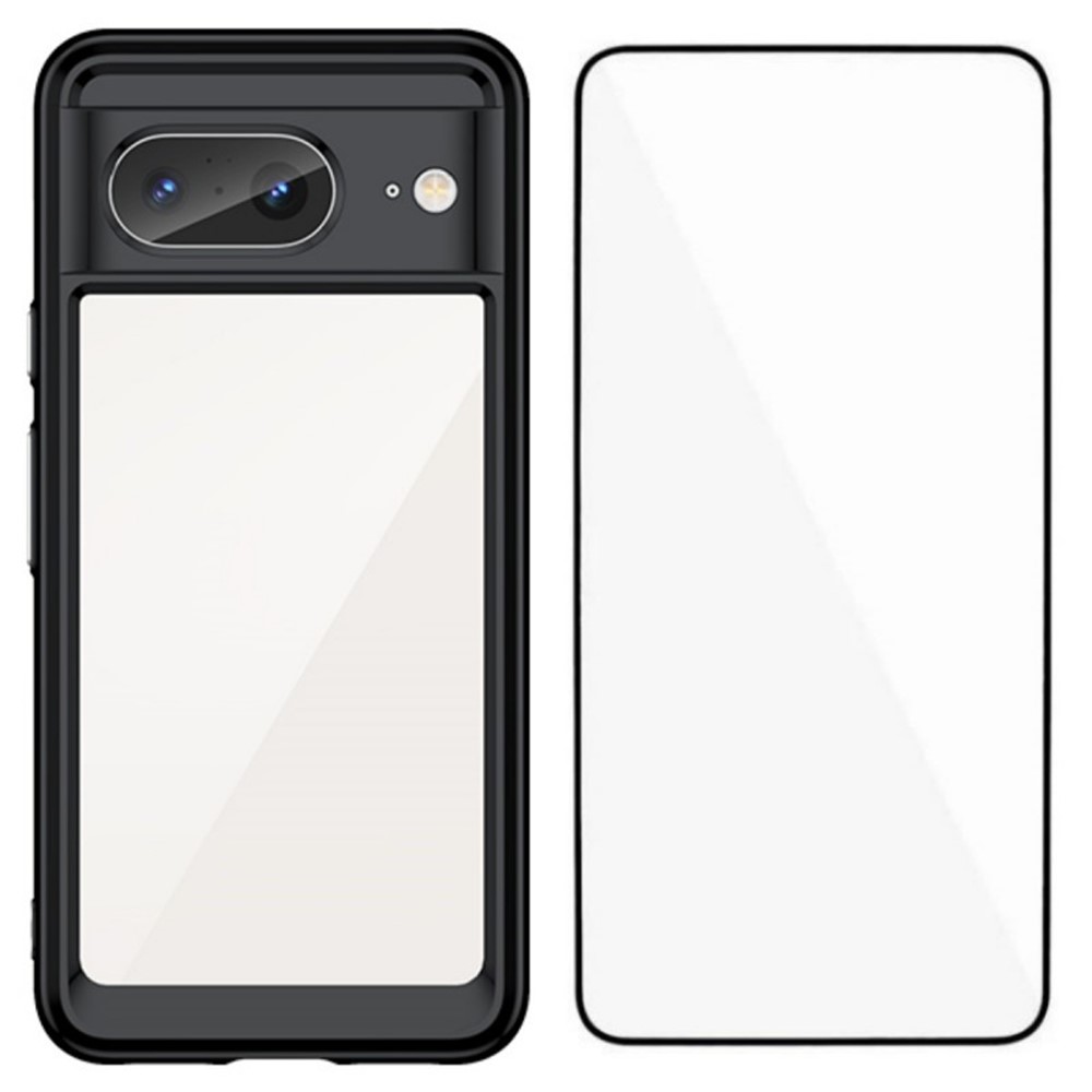 For Google Pixel 8 Back Cover WANLONFENG XC Series TPU Acrylic Phone Case with Tempered Glass Film - Black