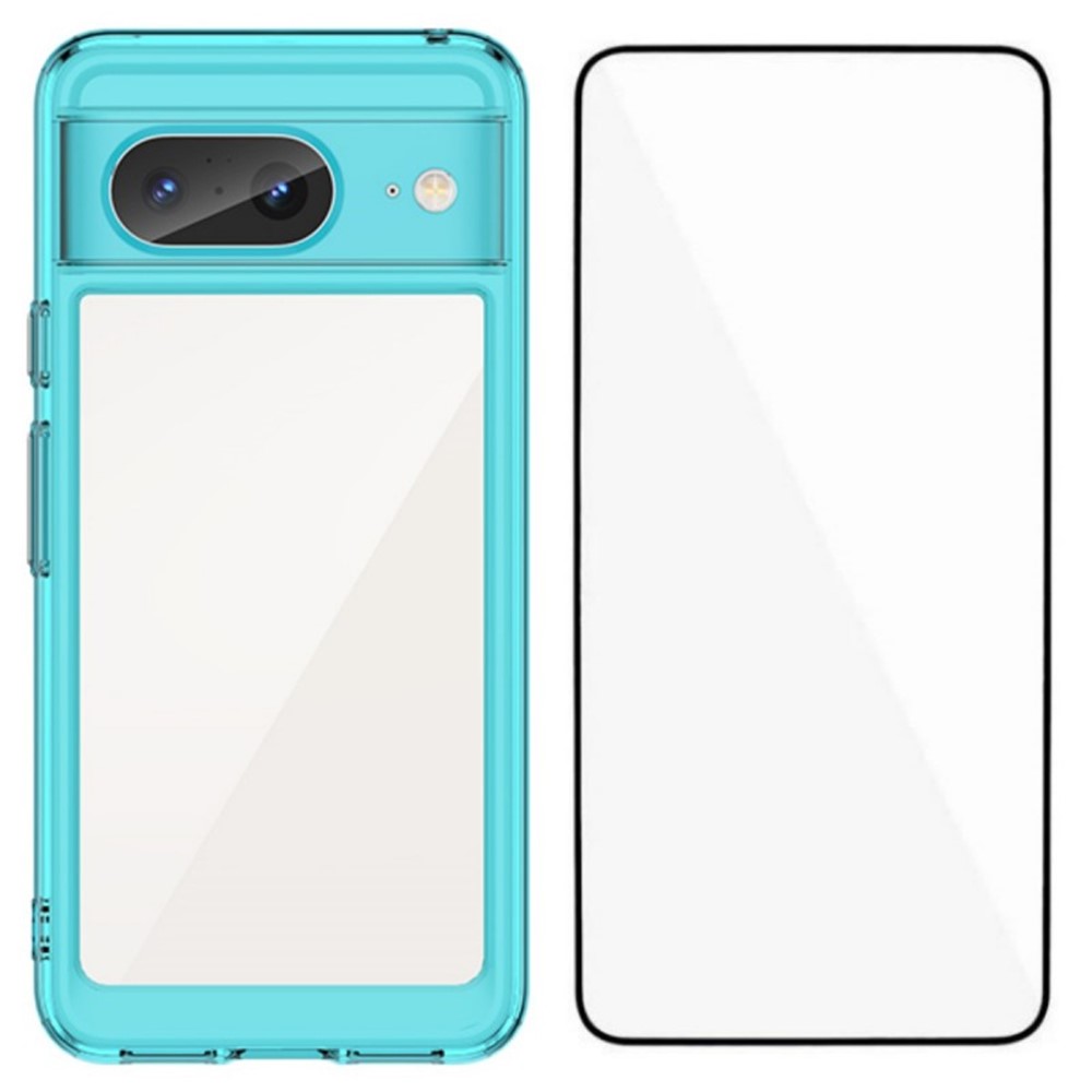 For Google Pixel 8 Back Cover WANLONFENG XC Series TPU Acrylic Phone Case with Tempered Glass Film - Transparent Blue