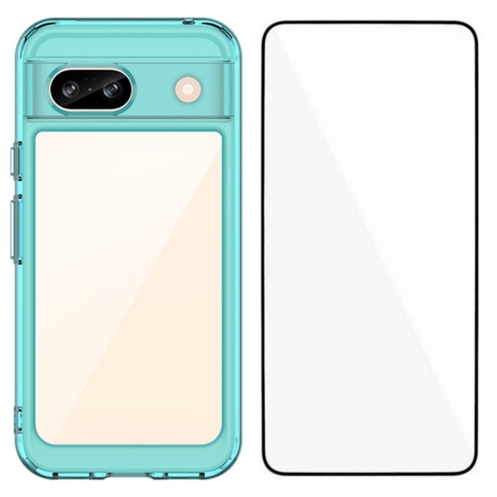 For Google Pixel 8a Back Cover WANLONFENG XC Series TPU Acrylic Phone Case with Tempered Glass Film - Transparent Blue