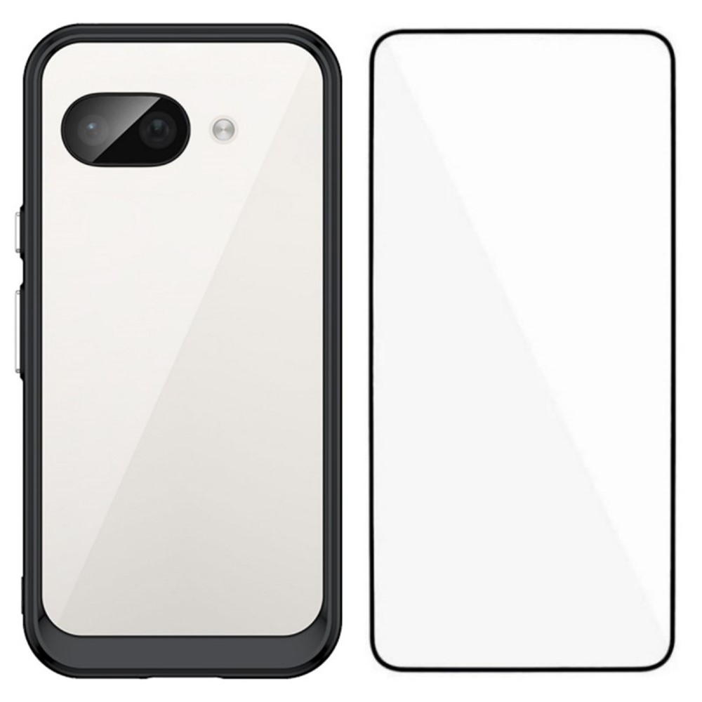 For Google Pixel 9a Back Cover WANLONFENG XC Series TPU Acrylic Phone Case with Tempered Glass Film - Black