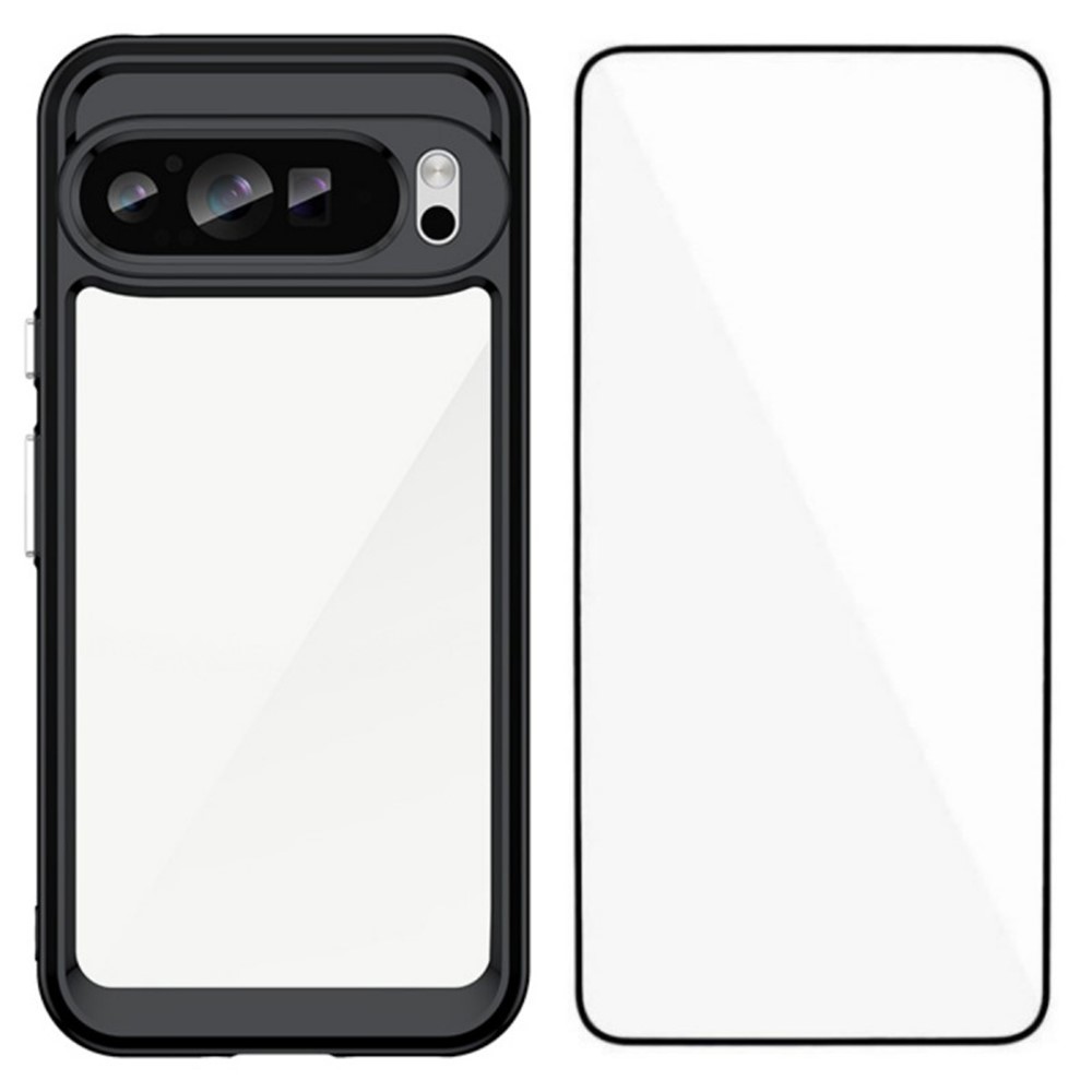 For Google Pixel 9 Pro XL Back Cover WANLONFENG XC Series TPU Acrylic Phone Case with Tempered Glass Film - Black