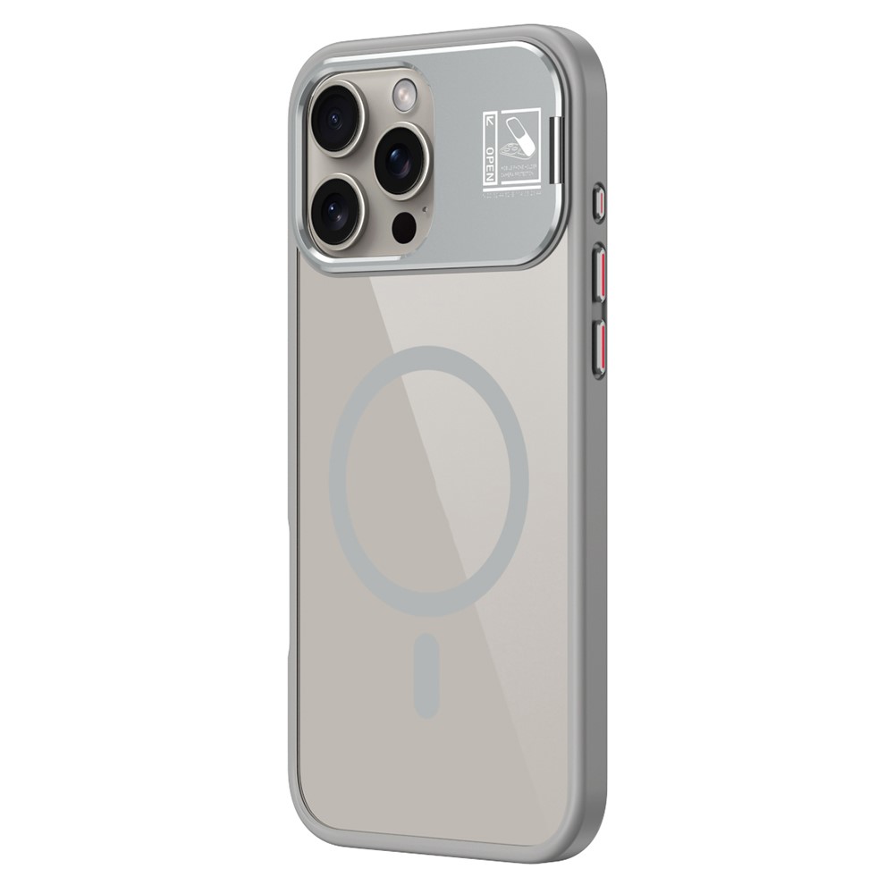For iPhone 16 Pro Max Magnetic Case TPU + Acrylic Kickstand Phone Cover with Glass Lens Film - Grey