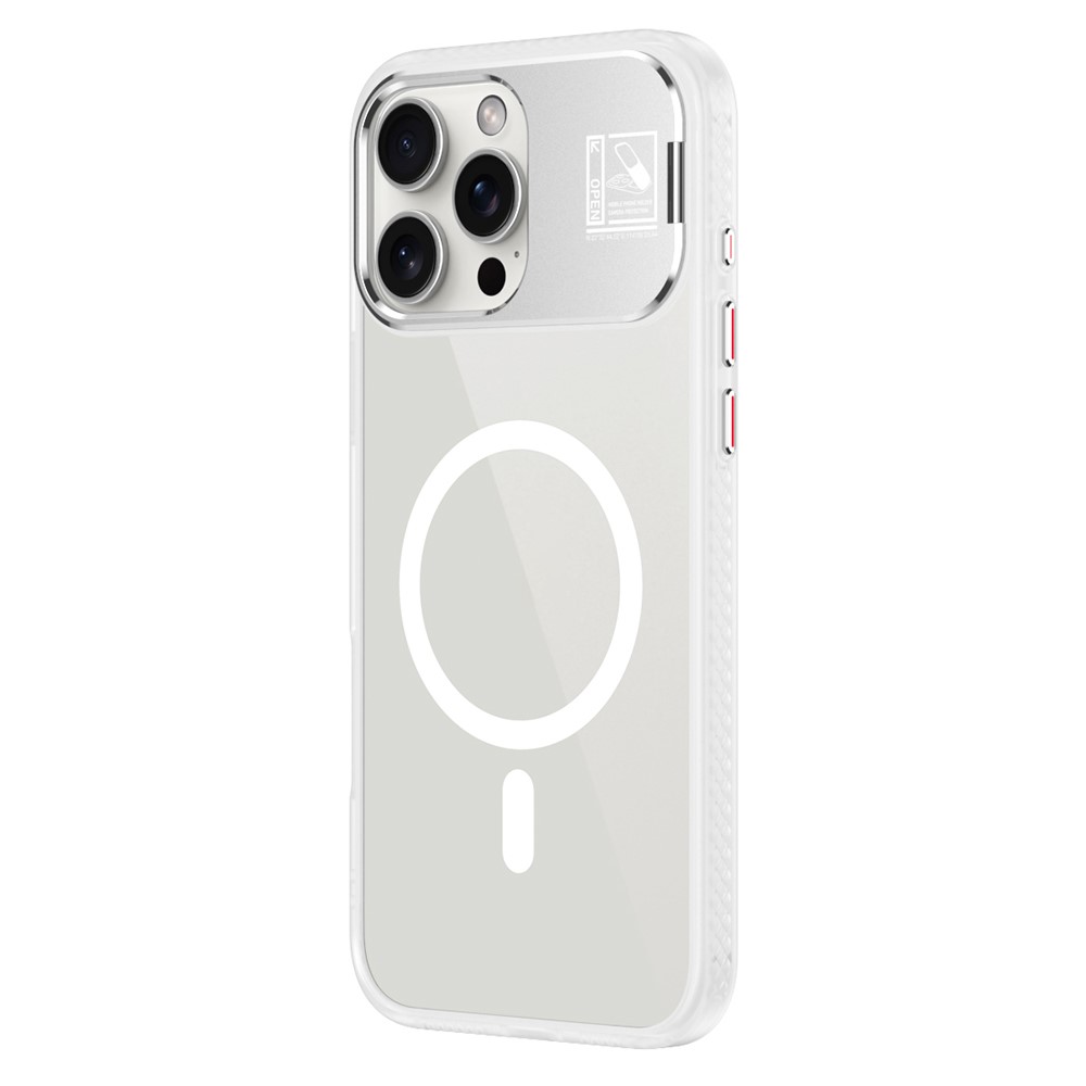 For iPhone 16 Pro Max Magnetic Case TPU + Acrylic Kickstand Phone Cover with Glass Lens Film - White