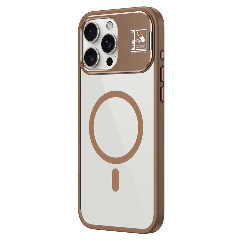 For iPhone 16 Pro Max Magnetic Case TPU + Acrylic Kickstand Phone Cover with Glass Lens Film - Brown