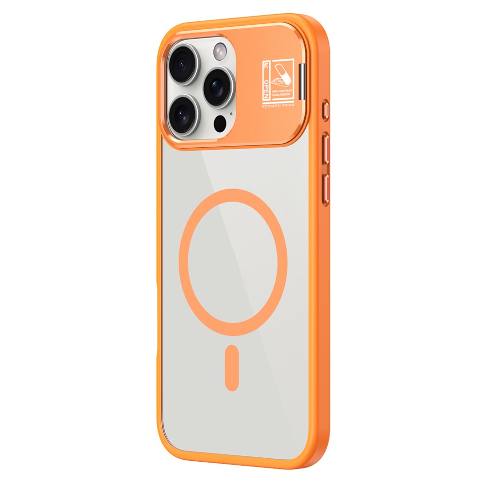 For iPhone 16 Pro Max Magnetic Case TPU + Acrylic Kickstand Phone Cover with Glass Lens Film - Orange