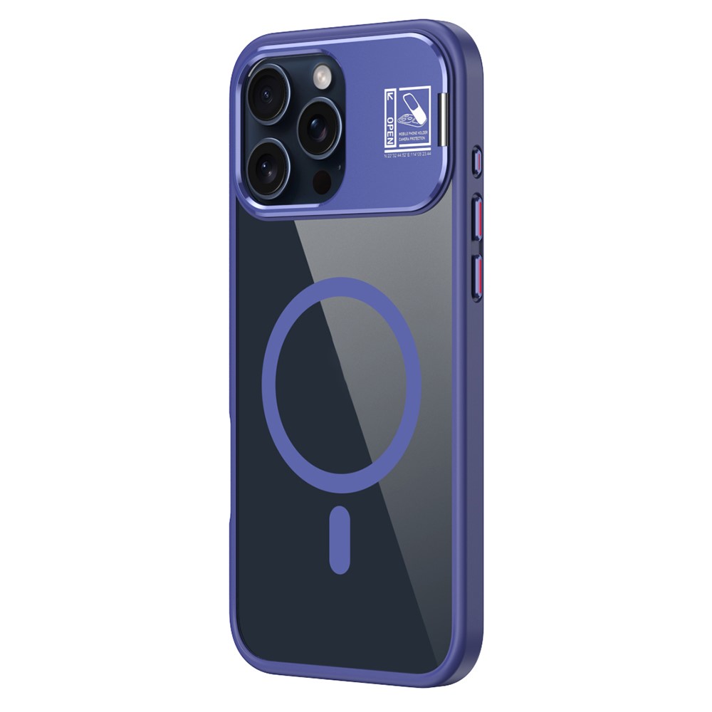 For iPhone 16 Pro Max Magnetic Case TPU + Acrylic Kickstand Phone Cover with Glass Lens Film - Blue