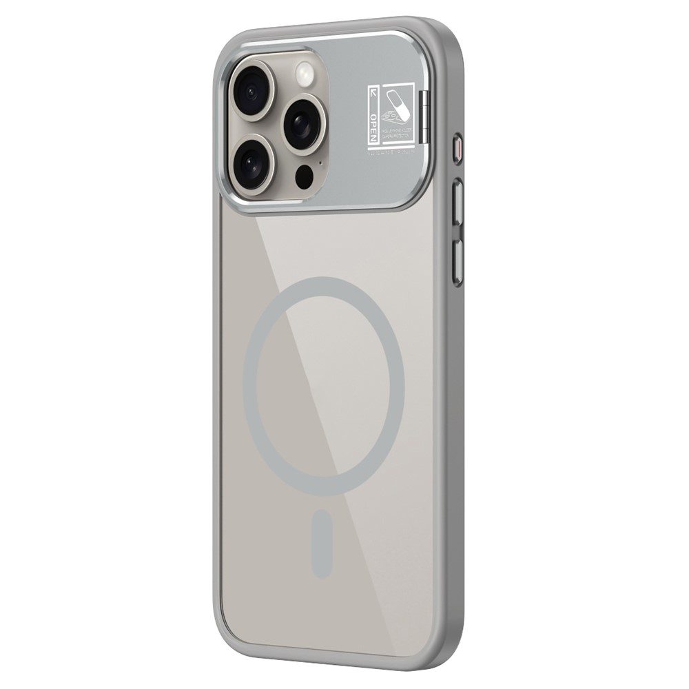 For iPhone 15 Pro Max Magnetic Case TPU + Acrylic Kickstand Phone Cover with Glass Lens Film - Grey