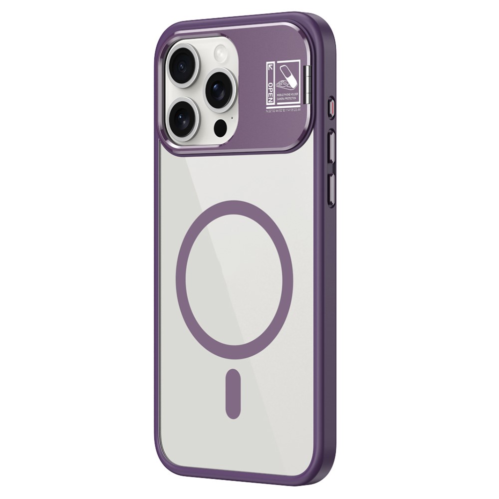 For iPhone 15 Pro Max Magnetic Case TPU + Acrylic Kickstand Phone Cover with Glass Lens Film - Purple