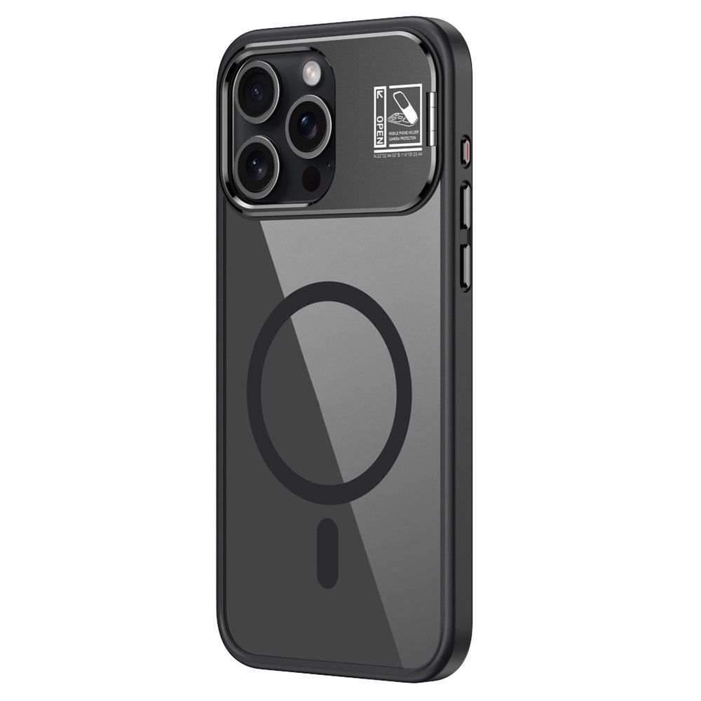 For iPhone 15 Pro Magnetic Case TPU + Acrylic Kickstand Phone Cover with Glass Lens Film - Black