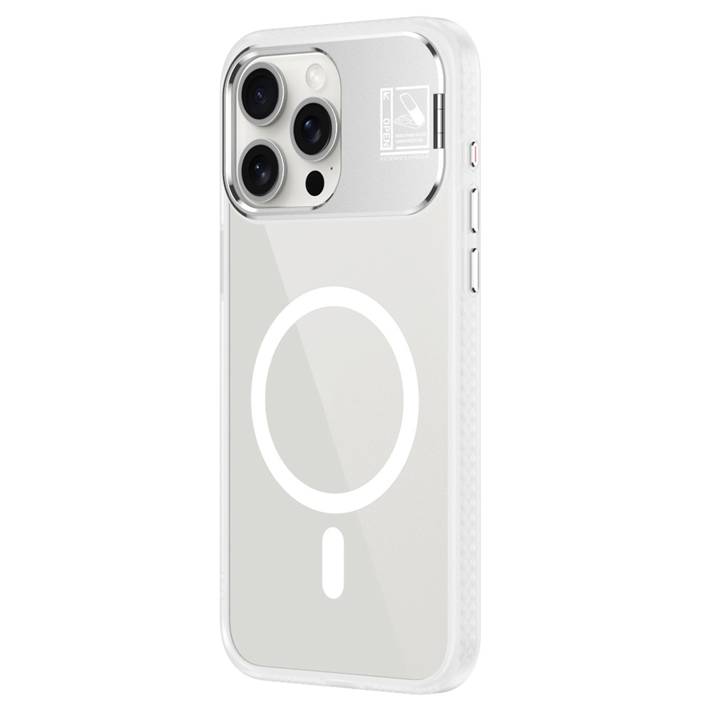 For iPhone 15 Pro Magnetic Case TPU + Acrylic Kickstand Phone Cover with Glass Lens Film - White