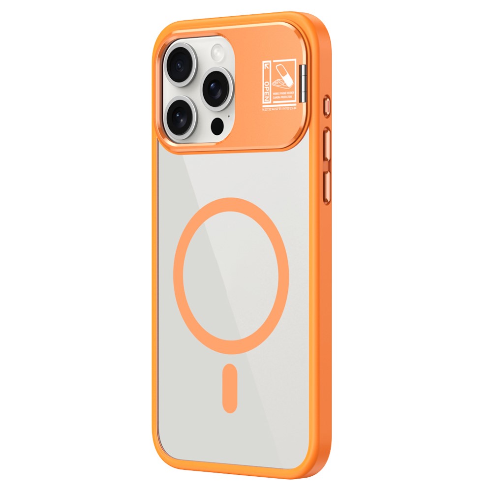 For iPhone 15 Pro Magnetic Case TPU + Acrylic Kickstand Phone Cover with Glass Lens Film - Orange
