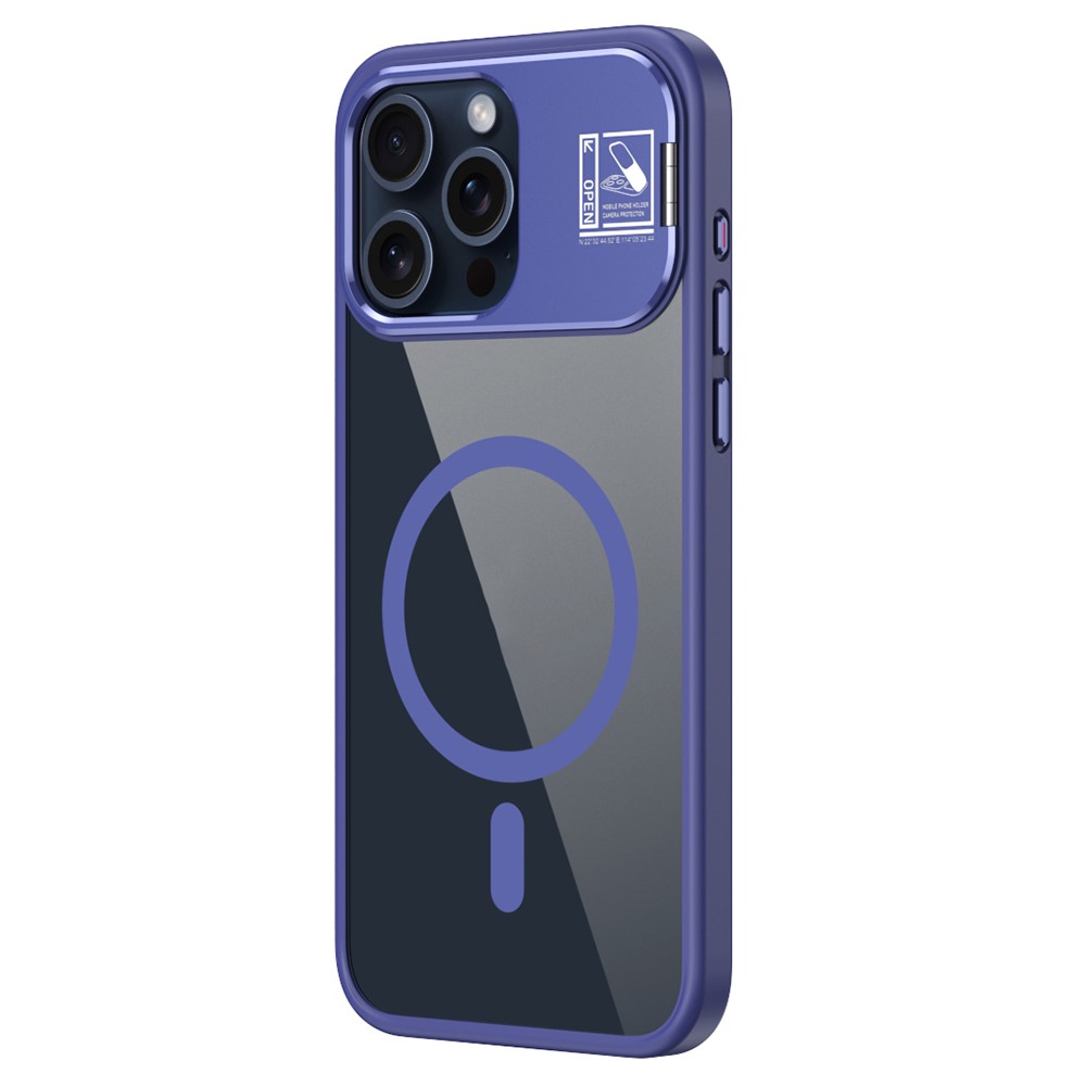 For iPhone 15 Pro Magnetic Case TPU + Acrylic Kickstand Phone Cover with Glass Lens Film - Blue