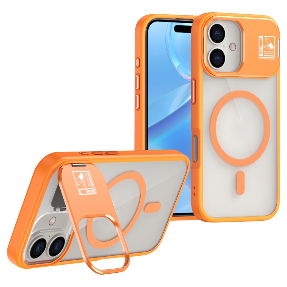 For iPhone 16 Plus Magnetic Case TPU + Acrylic Kickstand Phone Cover with Glass Lens Film - Orange