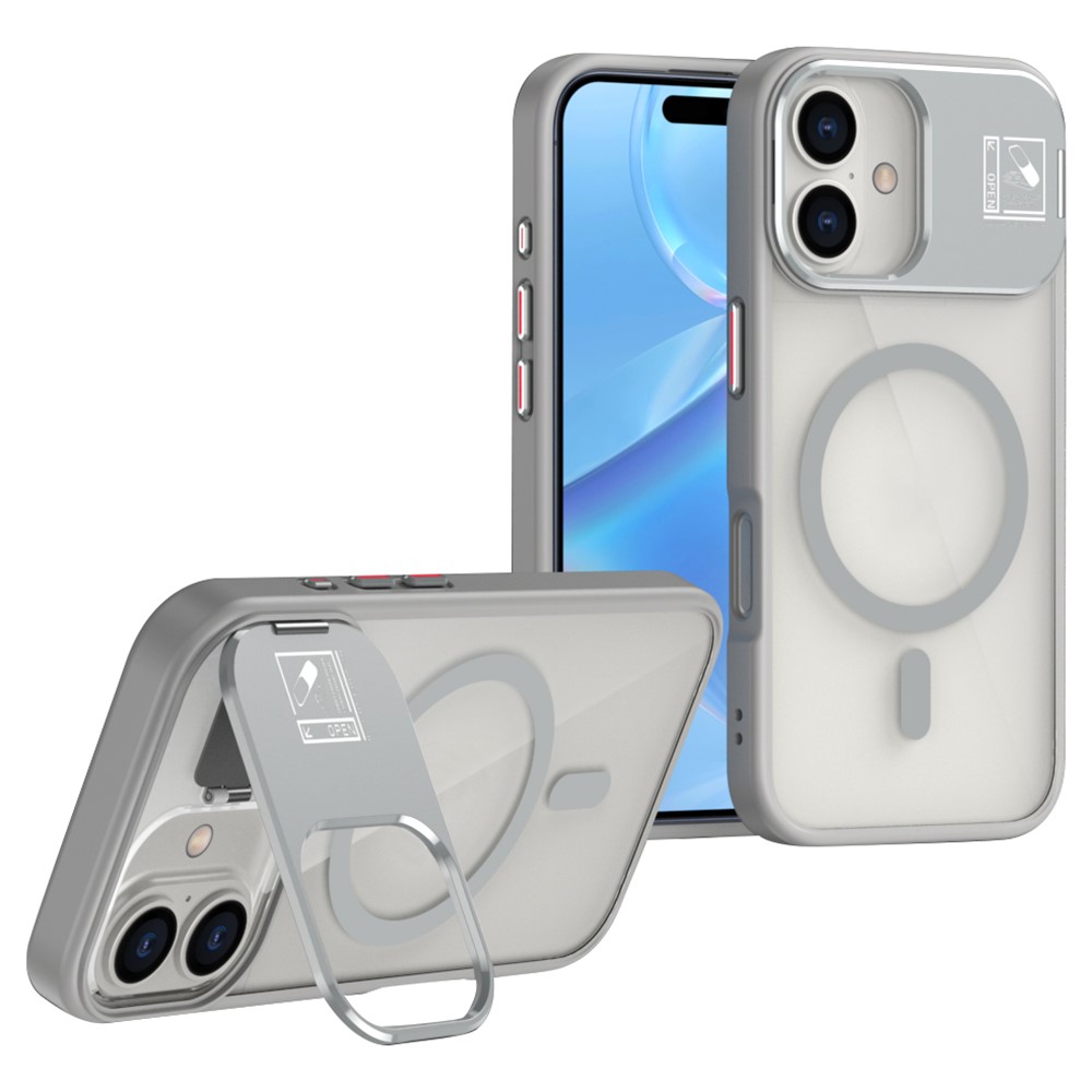 For iPhone 16 Plus Magnetic Case TPU + Acrylic Kickstand Phone Cover with Glass Lens Film - Grey