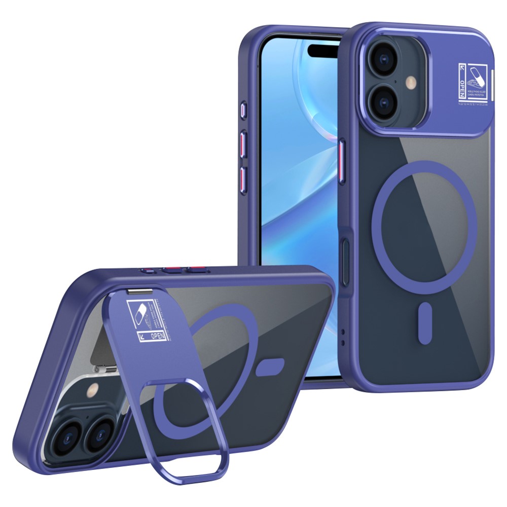 For iPhone 16 Plus Magnetic Case TPU + Acrylic Kickstand Phone Cover with Glass Lens Film - Blue