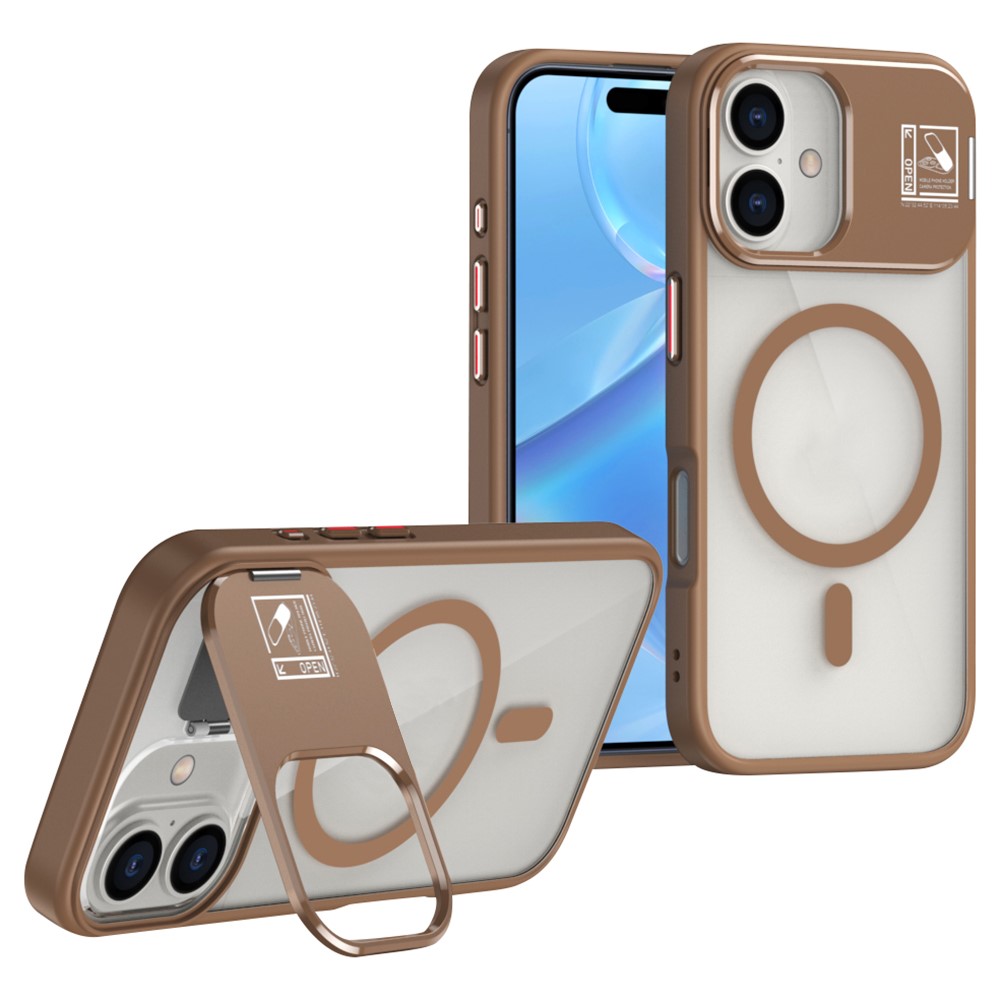 For iPhone 16 Plus Magnetic Case TPU + Acrylic Kickstand Phone Cover with Glass Lens Film - Brown
