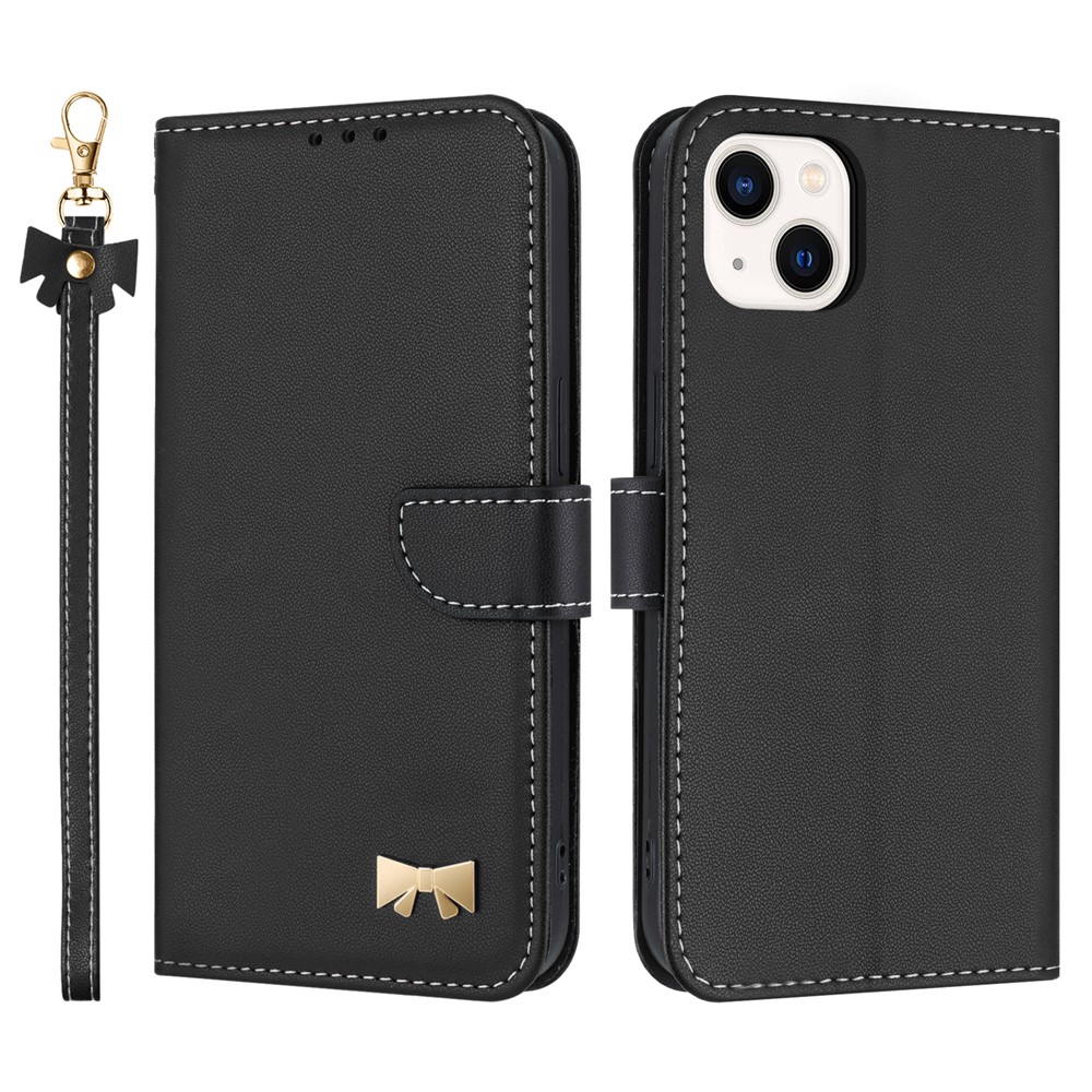 For iPhone 14 / 13 Case Bowknot Decor Wallet Leather Phone Cover with Wrist Strap - Black