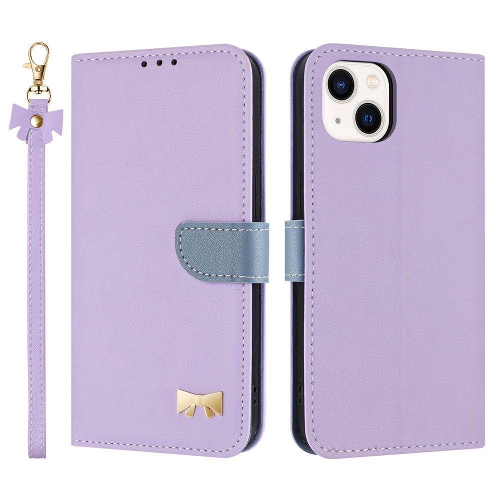 For iPhone 15 Case Bowknot Decor Wallet Leather Phone Cover with Wrist Strap - Purple