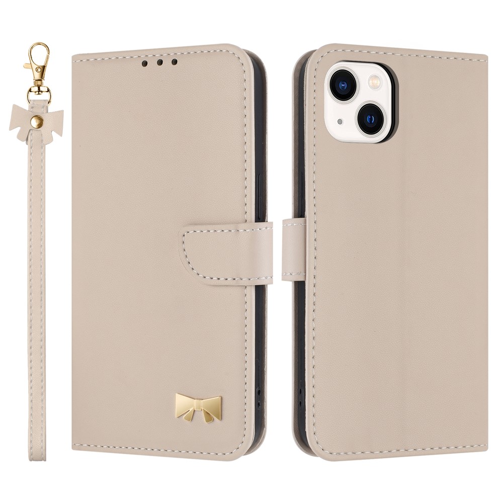 For iPhone 15 Case Bowknot Decor Wallet Leather Phone Cover with Wrist Strap - Khaki