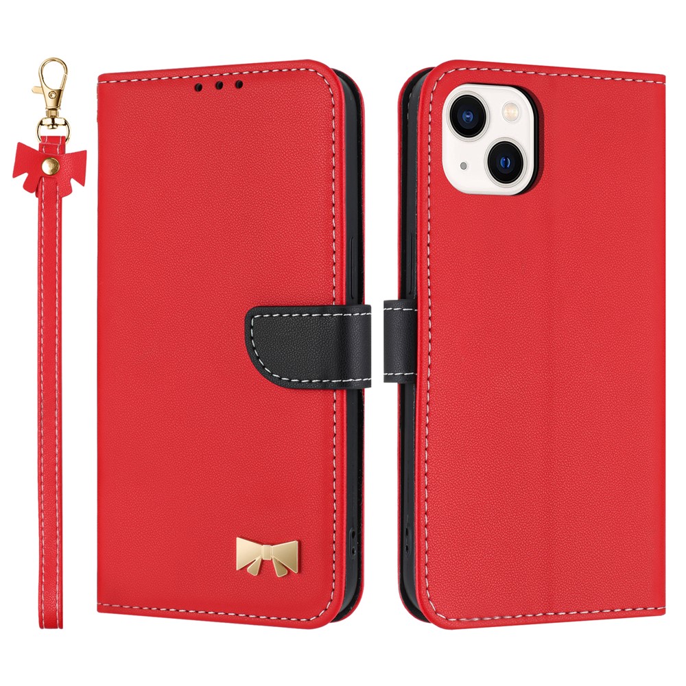 For iPhone 15 Case Bowknot Decor Wallet Leather Phone Cover with Wrist Strap - Red