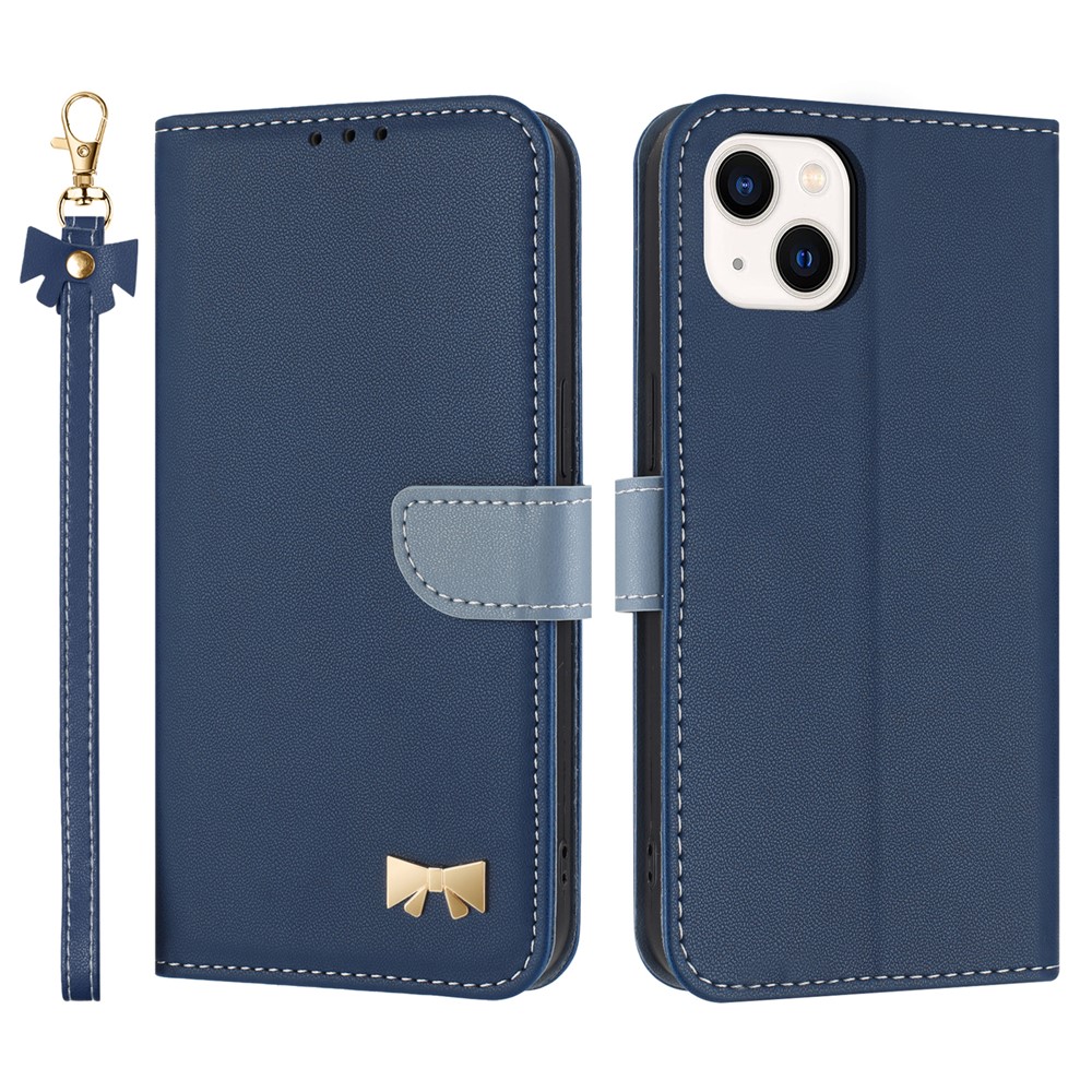 For iPhone 15 Case Bowknot Decor Wallet Leather Phone Cover with Wrist Strap - Dark Blue