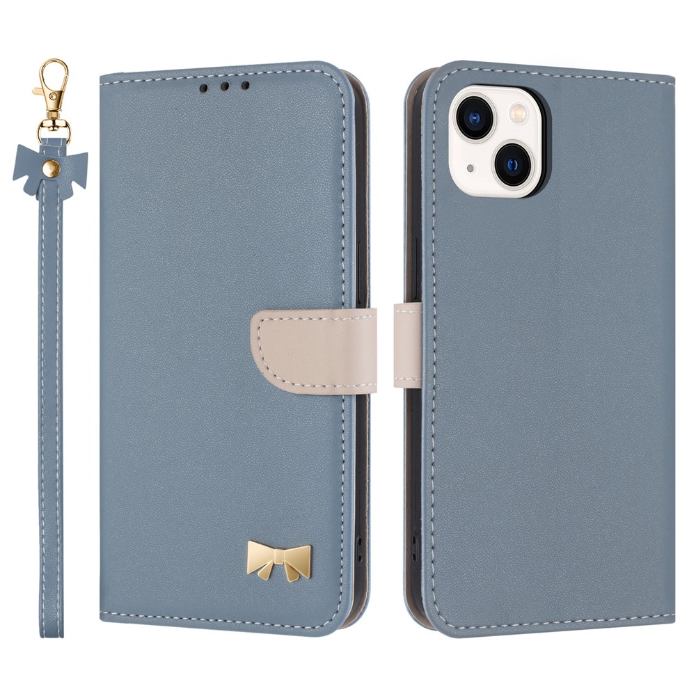 For iPhone 15 Case Bowknot Decor Wallet Leather Phone Cover with Wrist Strap - Baby Blue