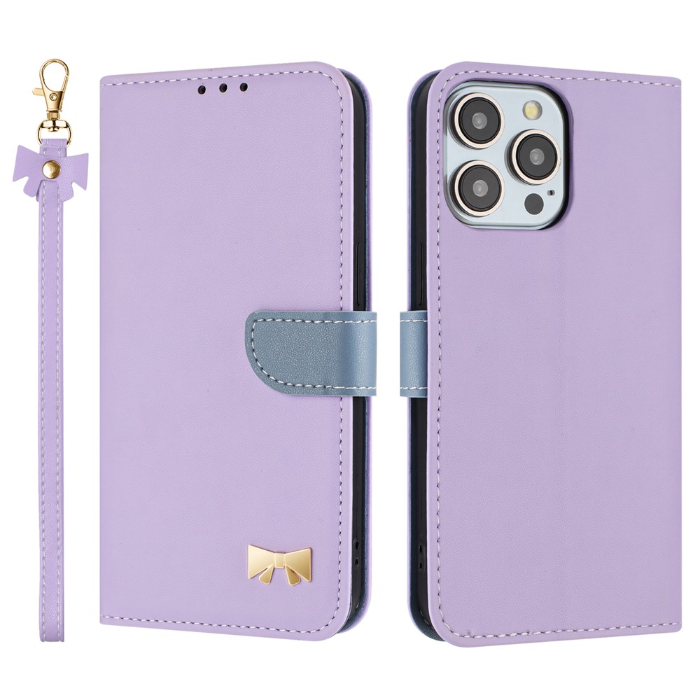 For iPhone 15 Pro Case Bowknot Decor Wallet Leather Phone Cover with Wrist Strap - Purple