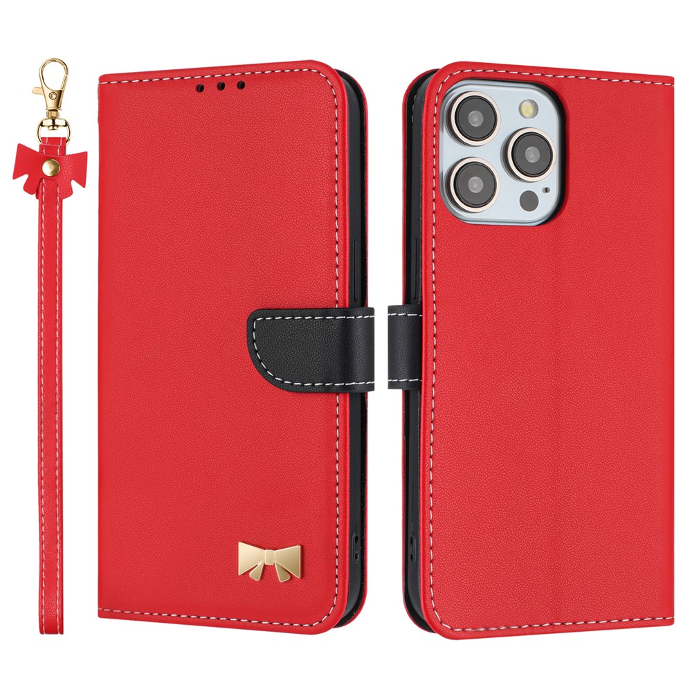 For iPhone 15 Pro Case Bowknot Decor Wallet Leather Phone Cover with Wrist Strap - Red