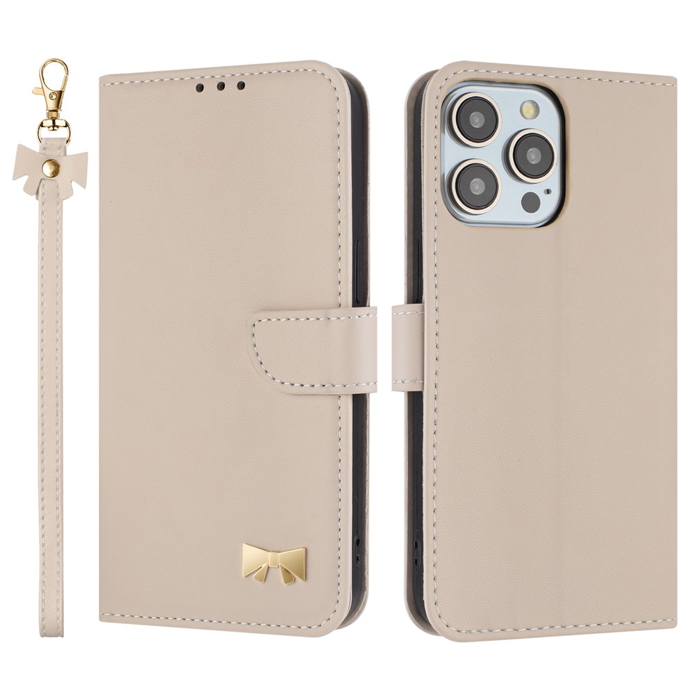 For iPhone 15 Pro Max Case Bowknot Decor Wallet Leather Phone Cover with Wrist Strap - Khaki