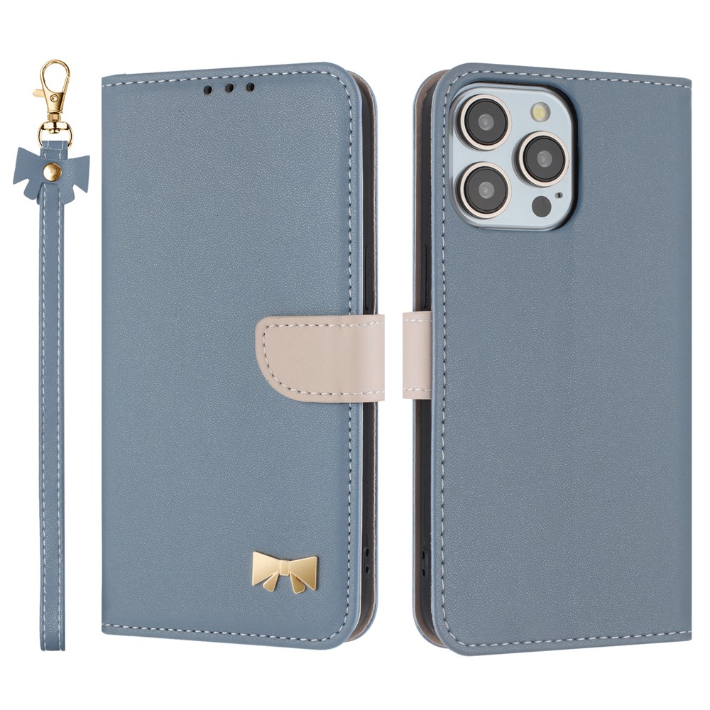 For iPhone 15 Pro Max Case Bowknot Decor Wallet Leather Phone Cover with Wrist Strap - Baby Blue