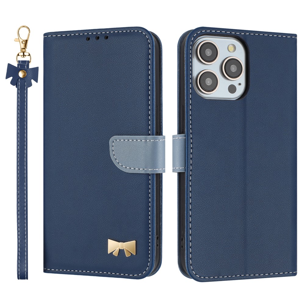 For iPhone 15 Pro Max Case Bowknot Decor Wallet Leather Phone Cover with Wrist Strap - Dark Blue