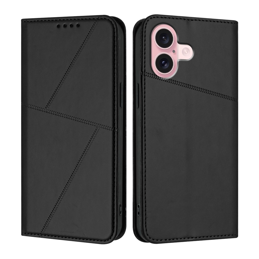 For iPhone 16 Wallet Case Magnetic Closure Leather Flip Phone Cover with Stand - Black