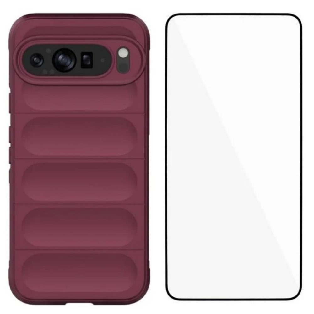 For Google Pixel 9 Pro XL TPU Case WANLONFENG HD Series Anti Slip Phone Cover with Tempered Glass - Wine Red
