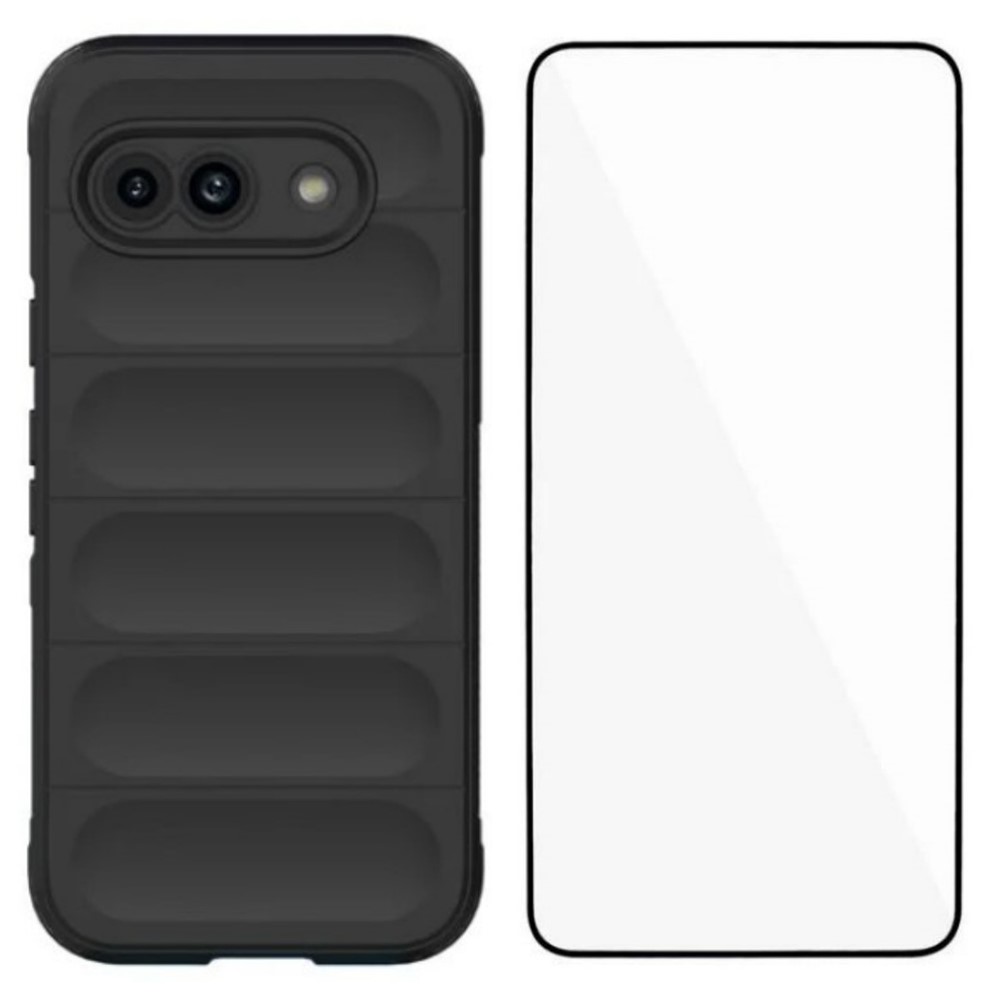 For Google Pixel 9a TPU Case WANLONFENG HD Series Anti Slip Phone Cover with Tempered Glass - Black