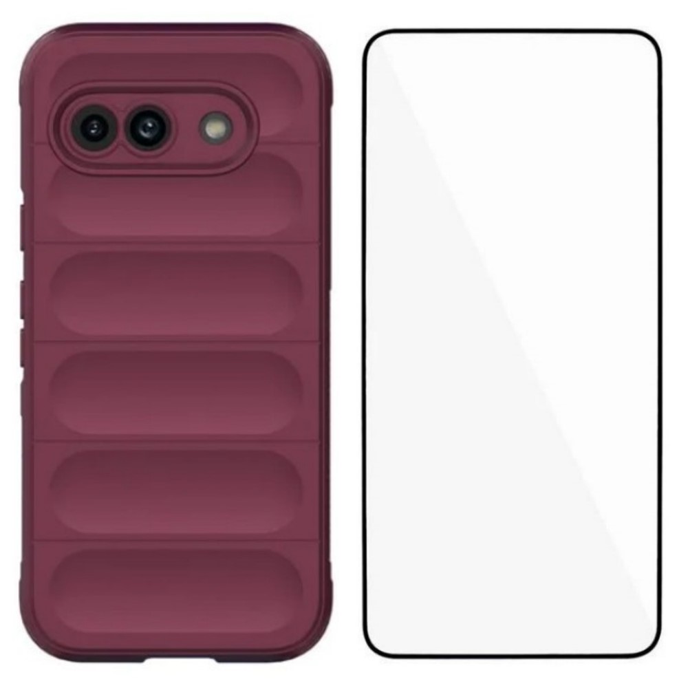 For Google Pixel 9a TPU Case WANLONFENG HD Series Anti Slip Phone Cover with Tempered Glass - Wine Red