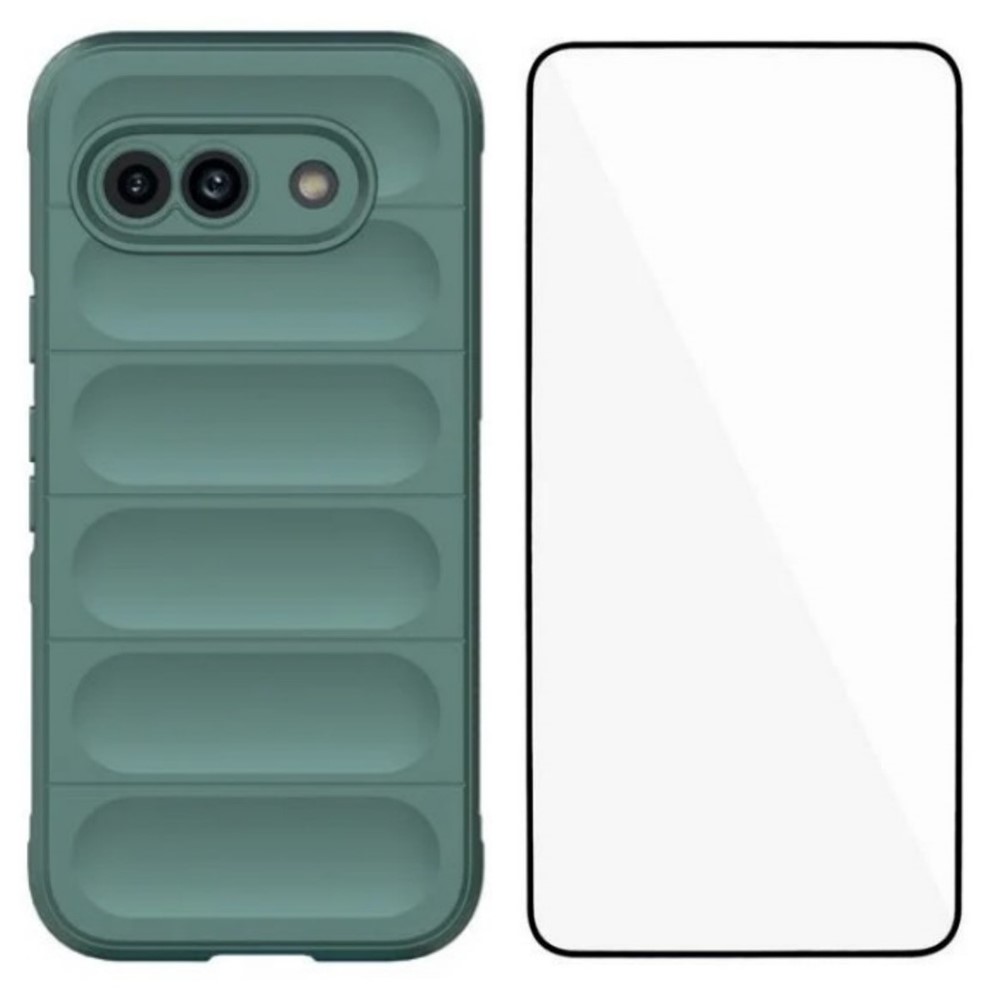 For Google Pixel 9a TPU Case WANLONFENG HD Series Anti Slip Phone Cover with Tempered Glass - Army Green