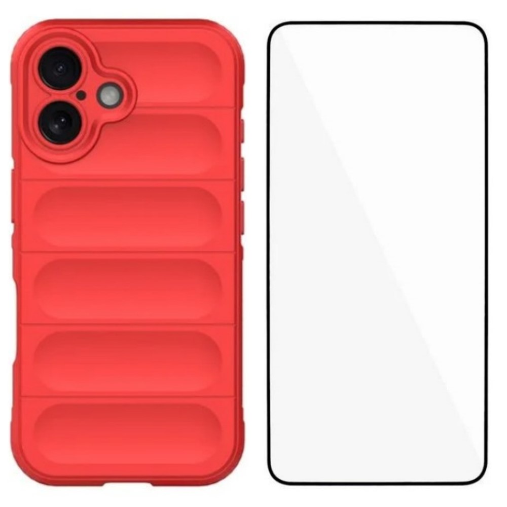 For iPhone 16 TPU Case WANLONFENG HD Series Anti Slip Phone Cover with Tempered Glass - Red