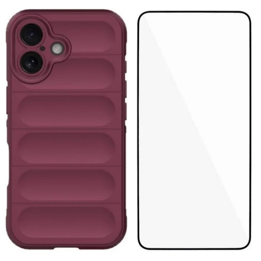 For iPhone 16 TPU Case WANLONFENG HD Series Anti Slip Phone Cover with Tempered Glass - Wine Red