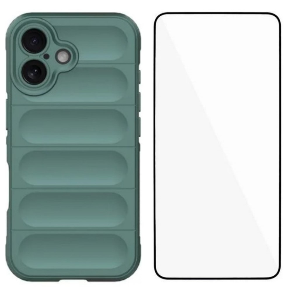 For iPhone 16 TPU Case WANLONFENG HD Series Anti Slip Phone Cover with Tempered Glass - Army Green