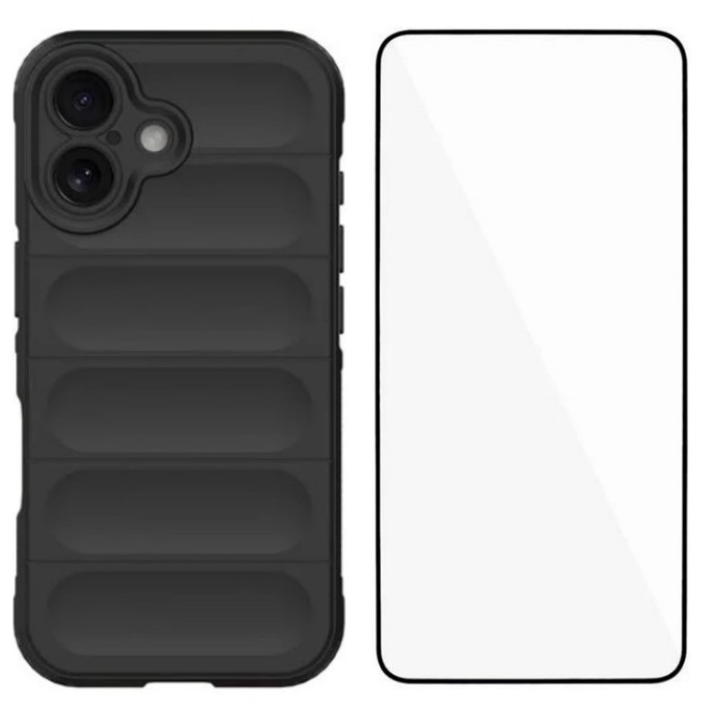 For iPhone 16 Plus TPU Case WANLONFENG HD Series Anti Slip Phone Cover with Tempered Glass - Black