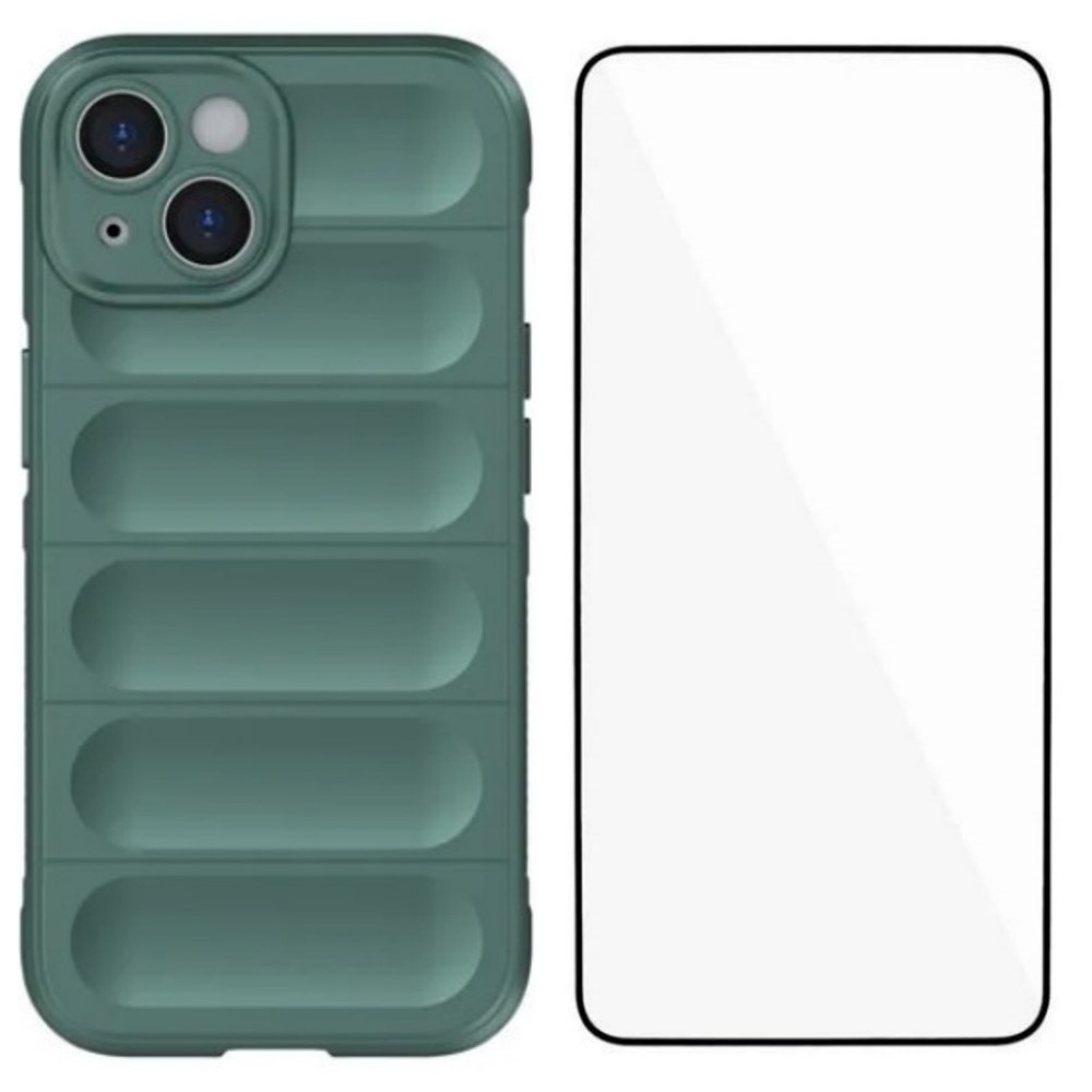 For iPhone 13 6.1 inch TPU Case WANLONFENG HD Series Anti Slip Phone Cover with Tempered Glass - Army Green