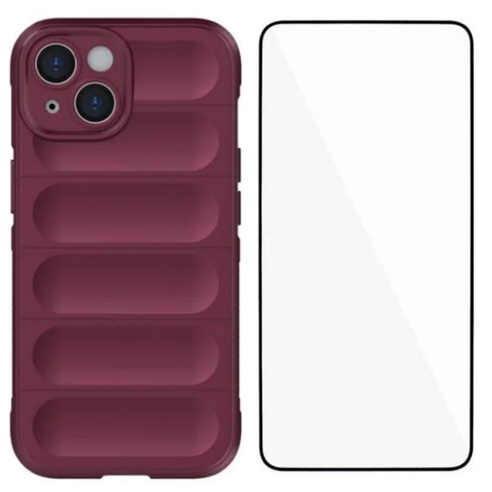 For iPhone 15 Plus TPU Case WANLONFENG HD Series Anti Slip Phone Cover with Tempered Glass - Wine Red