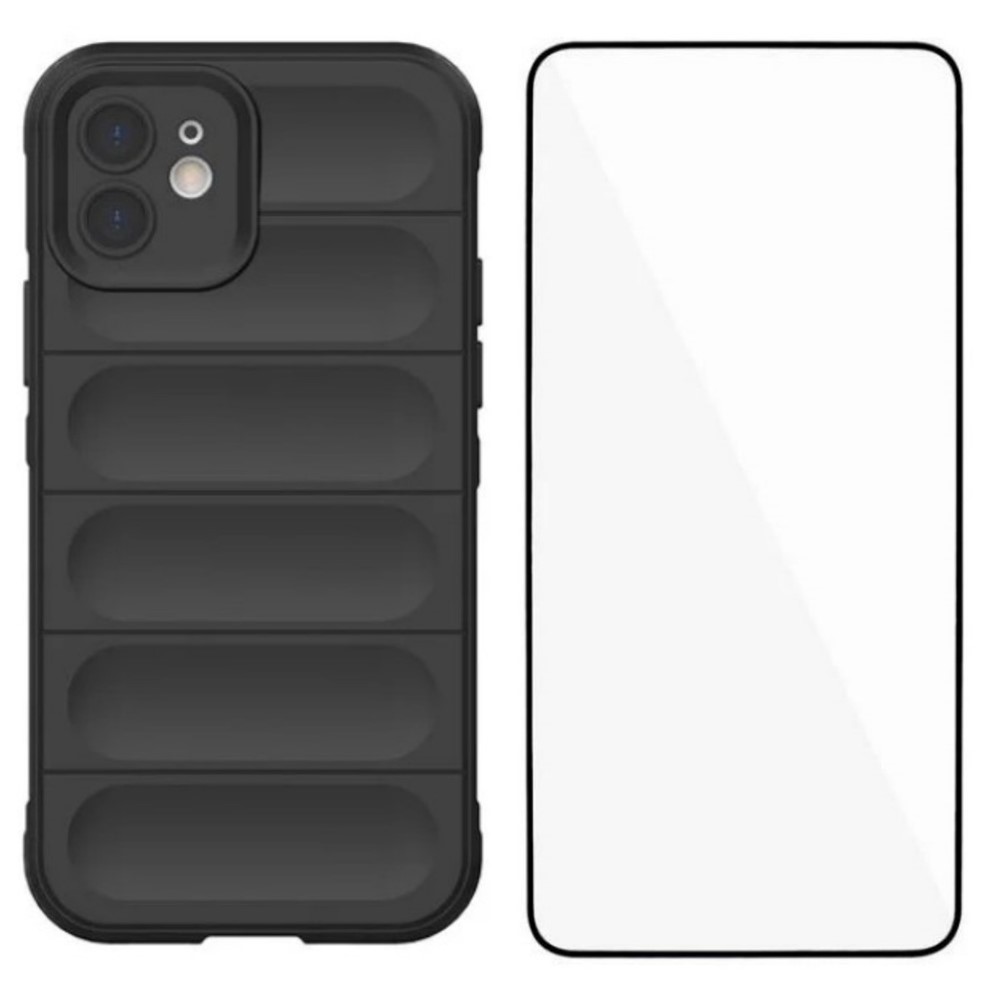 For iPhone 12 6.1 inch TPU Case WANLONFENG HD Series Anti Slip Phone Cover with Tempered Glass - Black