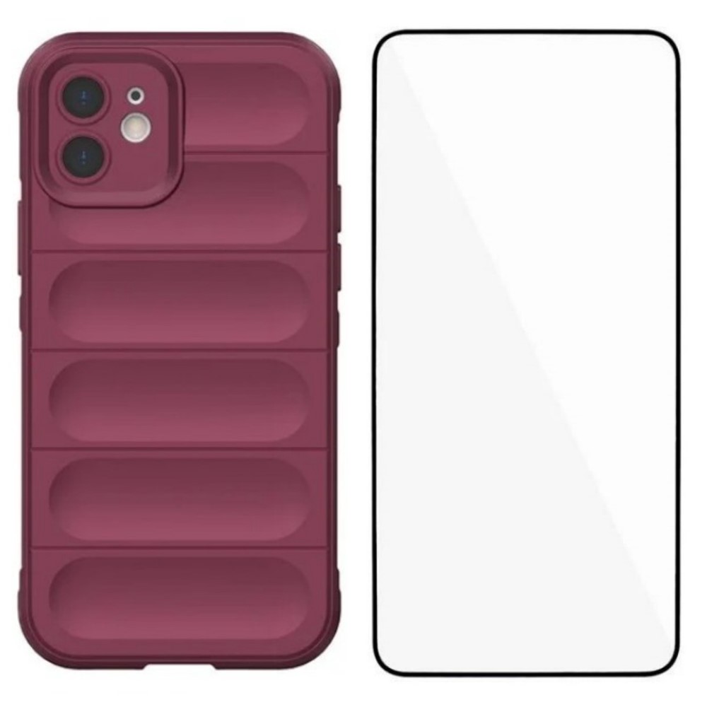 For iPhone 12 6.1 inch TPU Case WANLONFENG HD Series Anti Slip Phone Cover with Tempered Glass - Wine Red