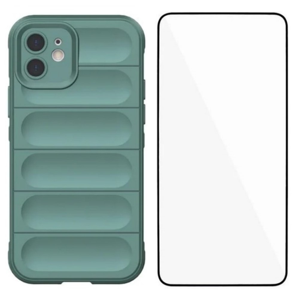 For iPhone 12 6.1 inch TPU Case WANLONFENG HD Series Anti Slip Phone Cover with Tempered Glass - Army Green